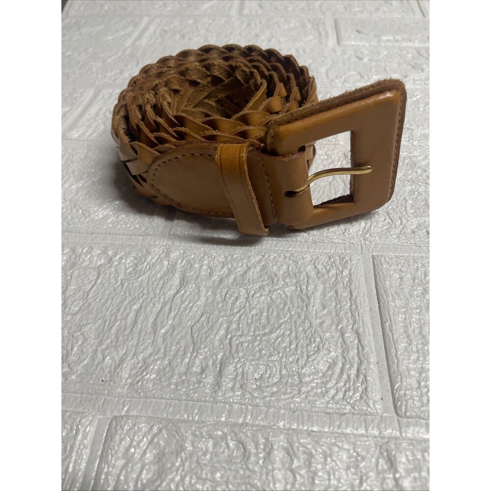 Vintage Wide Braided Tan Leather Belt with Square Buckle Boho Chic‎